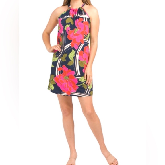 TRINA TURK NWT JUJU FLORAL SWIRL HALTER MINI DRESS NAVY MULTI MEDIUM - Picture 2 of 9
